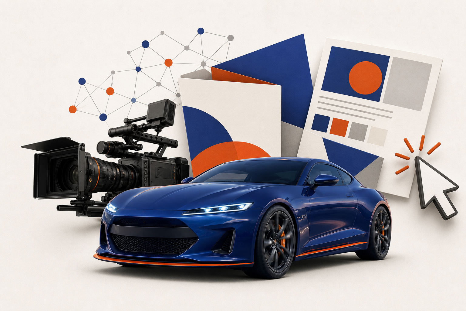 A blue performance car in front of advertising, video, design, mail, and digital connection graphics